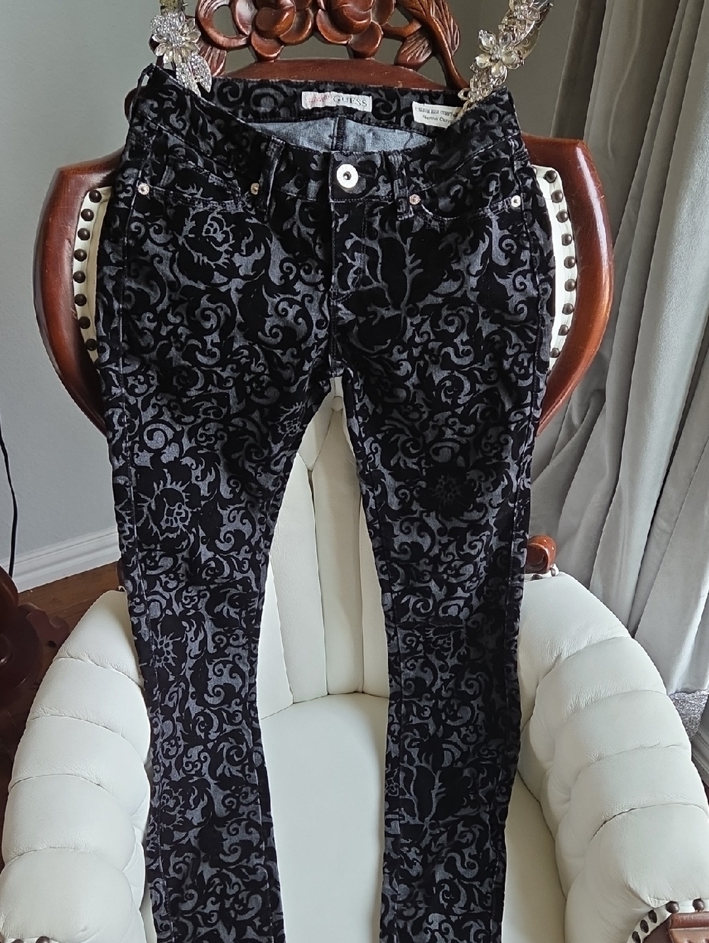 Guess Black Patterned Velvet Skinny Jeans